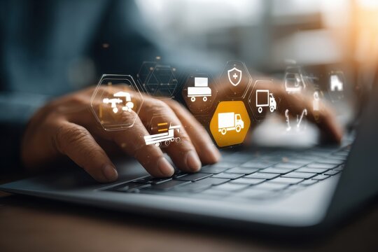 Man types on a laptop managing logistics and shipping at a warehouse during the daytime, utilizing various digital icons