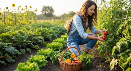 Fototapeta premium a woman picking tomatoes in the garden