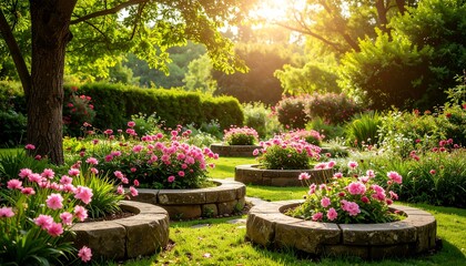 Obraz premium Lush garden with vibrant pink peonies