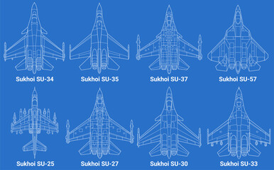 Set of sukhoi fighter jet in blueprint style from top view. Vector illustrations Sukhoi SU 25, 27, 30, 33, 34, 35, 37, 57. Various military combat aircraft design from russia. Bundle military plane.