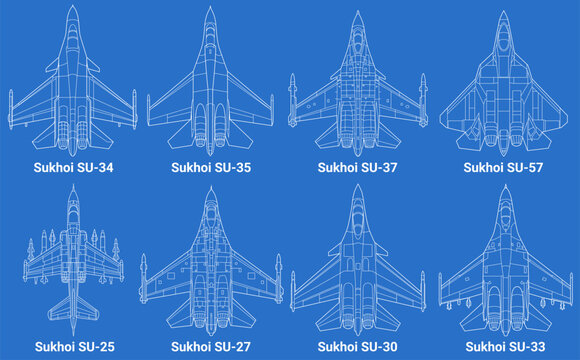 Set of sukhoi fighter jet in blueprint style from top view. Vector illustrations Sukhoi SU 25, 27, 30, 33, 34, 35, 37, 57. Various military combat aircraft design from russia. Bundle military plane.