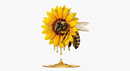 A bee on a sunflower with honey dripping down onto a pool of honey on a white background view close up