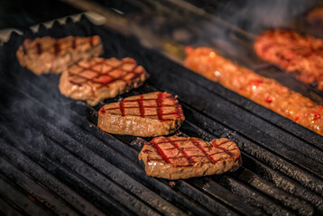 Beef steaks and Adana or kefta kebabs cooking over charcoal, in Istanbul, Turkey