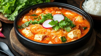 Spicy Stew with Tofu, Fresh Herbs, and Vegetables in Bowl