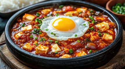 Spicy tofu stew with a sunny-side-up egg in a traditional bowl