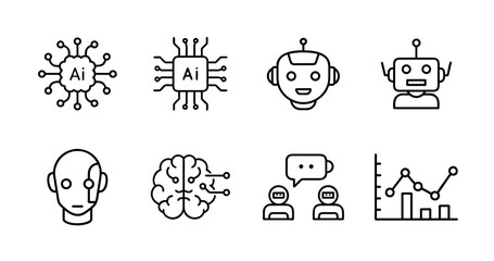 Artificial intelligence outline icon set with robot head, neural network, machine learning, data analysis, AI chip, automation, chatbot, brain circuit, and algorithm, thin line style