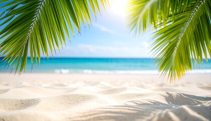Tropical beach scene with palm leaves