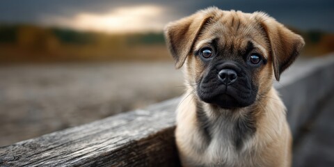 Obraz premium Adorable puppy with soulful eyes sitting on wooden fence at sunset