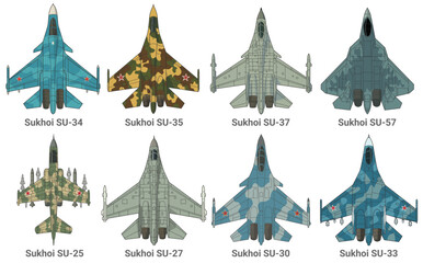 Set of sukhoi fighter jet in colored style from top view. Vector illustrations Sukhoi SU 25, 27, 30, 33, 34, 35, 37, 57. Various military combat aircraft design from russia. Bundle military plane art.