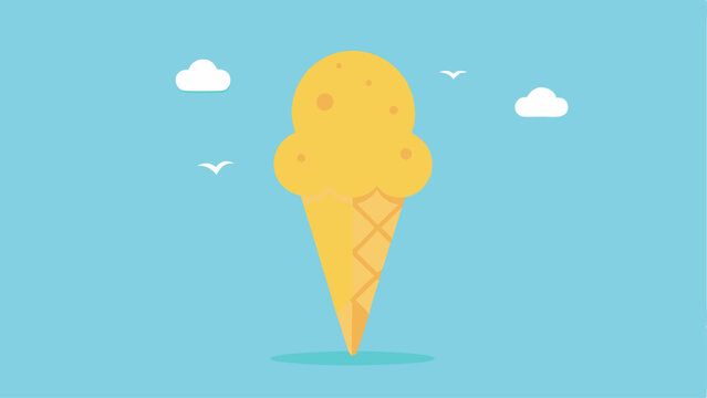 Cloudy Treat in the Sky Create an illustration of a large ice cream cone filled with dense billowing clouds positioned against a bright sunlit sky. The cone is proportionately