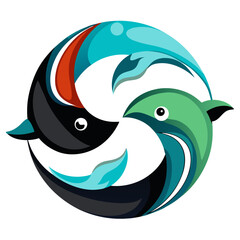 Abstract Circular Design: Three Stylized Fish, Teal, Green, and Black, Whimsical, Playful Mood