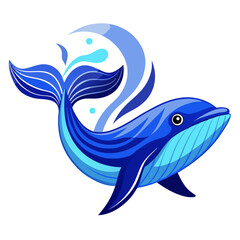 Stylized Blue Whale in Ocean Waves: Vibrant, Playful, Marine Life Illustration