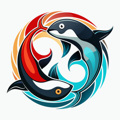 Stylized Orca and Koi Fish in Circular Wave Design: Vibrant, Abstract Aquatic Logo Illustration
