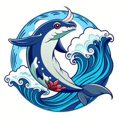 Playful Narwhal Leaping Ocean Waves: Vibrant Cartoon Style, Whimsical Mood, Circular Design © shovonlal