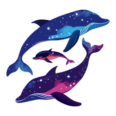 Cosmic Dolphins: A Trio of Galaxy-Swirled Marine Mammals, Watercolor Style, Dreamy Mood