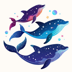 Obraz premium Celestial Whales: Dreamy, Whimsical, Cosmic Whale Trio, Galaxy-Themed Illustration, Magical Ocean Life.