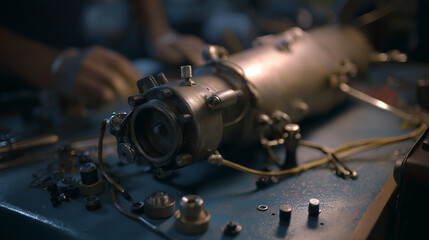 Technician calibrates a complex device in a workshop with precision tools available on the workbench during evening hours