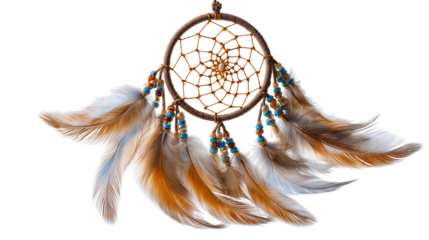 Ceremonial Native American dreamcatcher with feathers and beads hanging in natural light