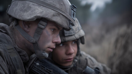 Obraz premium Young male soldiers engaged in intense discussion during a military operation at dawn in a forested area