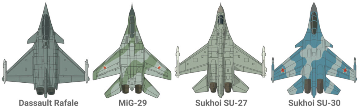 Set of 4th-generation fighter jet in lineart style from top view. Vector illustrations dassault rafale, mig 29, su 27, su 30 fighter jet. Various military combat aircraft design from fourth gen.