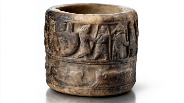 Ancient Mesopotamian cylinder seal depicting ritual activities and figures in carved relief from 3000 BCE