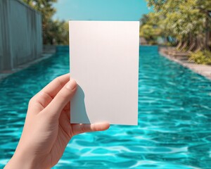 Hand holding blank card by resort pool; summer vacation postcard mockup