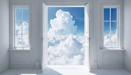 Open door and windows reveal sky full of clouds. White room interior, clean design. Represents hope, dreams, new beginnings, escape, tranquil sky view. Ethereal atmosphere.
