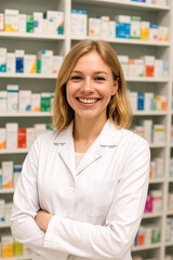 Young cheerful woman pharmacist wearing white coat standing in pharmacy drugstore and smiling on camera.