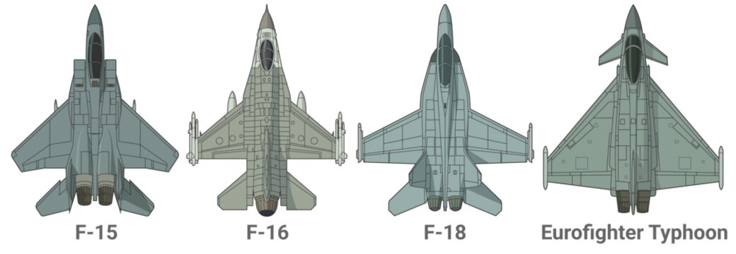 Set of 4th-generation fighter jet in colored style from top view. Vector illustrations f-15, f-16, f-18 and eurofighter typhoon jet. Various military combat aircraft design from fourth gen.