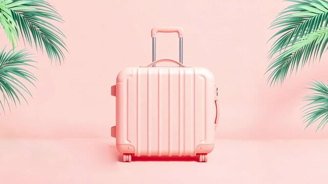 Pink suitcase for travel surrounded by palm branches, travel, vacation and tourism concept