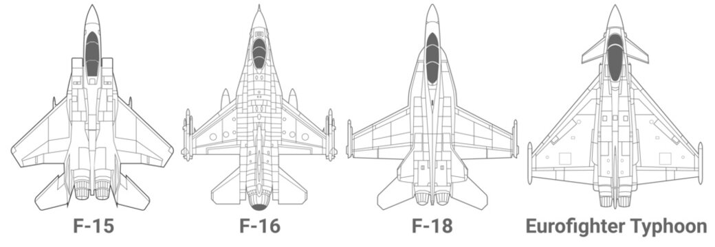 Set of 4th-generation fighter jet in lineart style from top view. Vector illustrations f-15, f-16, f-18 and eurofighter typhoon jet. Various military combat aircraft design from fourth gen.