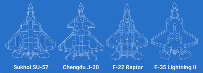 Set of 5th-generation fighter jet in blueprint style from top view. Vector illustrations sukhoi su-57, chengdu j-20, f-22 raptor, f-35 lightning fighter jet. Various military combat aircraft design.
