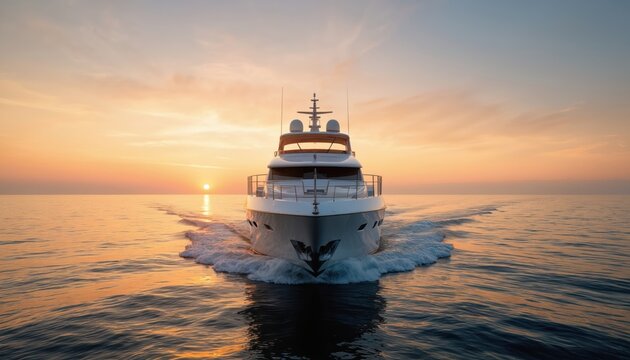 Modern luxury yacht cruises on calm ocean at sunset. Front view shows sleek design slicing through water. Warm golden light reflects on waves. Experience serene travel and elegant exploration.