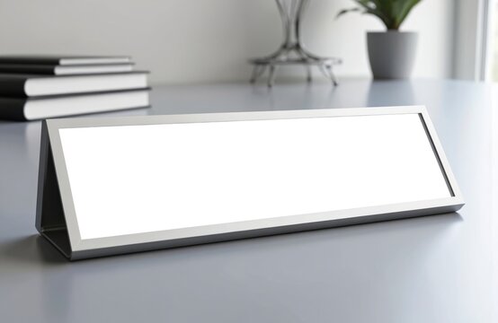 Modern desk nameplate mockup. Sleek metal frame, blank white surface for custom branding. Ideal for office, business, corporate identity. Simple, elegant, pro display for name, title.