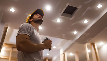 Electrician installs recessed lighting fixtures in a ceiling during a home renovation project