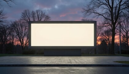 Obraz premium Illuminated billboard in park at dawn, autumn morning. Blank modern signage displays empty space on paved walkway, surrounded by bare trees, fog. Urban setting offers tranquil scene for promotions,