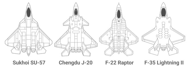 Set of 5th-generation fighter jet in lineart style from top view. Vector illustrations sukhoi su-57, chengdu j-20, f-22 raptor, f-35 lightning fighter jet. Various military combat aircraft design.