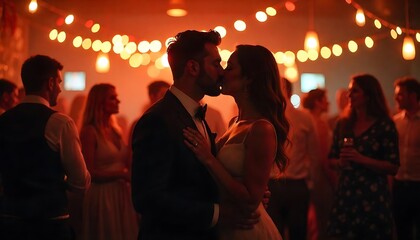 a couple dancing and kissing at a christmas party in a bar, created with generative ai