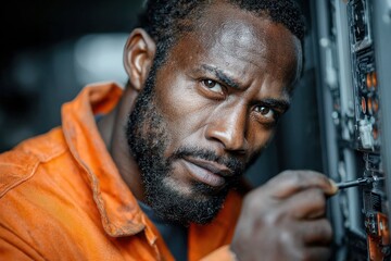 African american technician repairs electronics in a server room or other industrial setting during the daytime while wearing an orange uniform