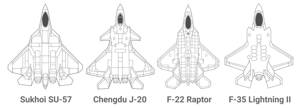 Set of 5th-generation fighter jet in lineart style from top view. Vector illustrations sukhoi su-57, chengdu j-20, f-22 raptor, f-35 lightning fighter jet. Various military combat aircraft design.