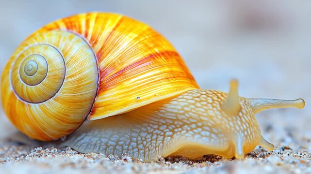 Close-up of a vibrant yellow and orange snail shell on sand