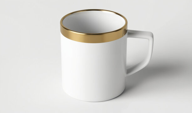 Clean white ceramic mug with modern slightly squared shape, accented by chic gold trim around rim. Sophisticated coffee cup perfect for enjoying hot beverages like coffee, tea, espresso. Minimalist