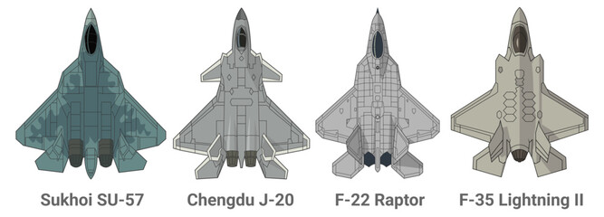Set of 5th-generation fighter jet in colored style from top view. Vector illustrations sukhoi su-57, chengdu j-20, f-22 raptor, f-35 lightning fighter jet. Various military combat aircraft design.