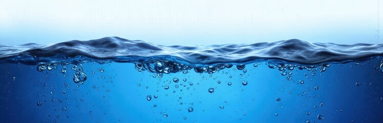 Blue water surface with many bubbles and ripples. Clear transparent liquid with abstract fluid motion. Peaceful calm nature background. Light reflects off cool wet ocean or sea surface.