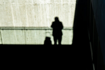 Shadow of person leaning on railing with luggage in sunlight