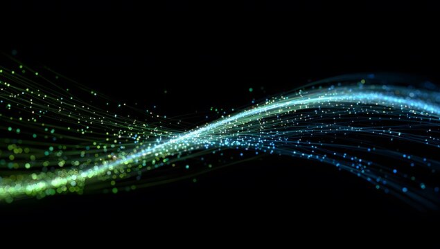 Glowing Blue and Green Particle Waves on Dark Background