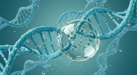 3D rendering of cosmetic essence with liquid bubbles and molecular structures suspended over a dynamic DNA water splash background—symbolizing skincare innovation, hydration, and scientific beauty for