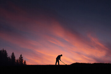 Silhouette of a person raking against a vibrant sunset sky. Symbolizes hard work, dedication, and the beauty of nature. Ideal for motivational or aspirational themes.
