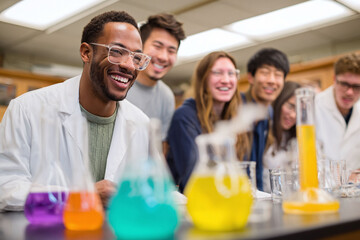 Diverse group of students joyfully engages in a science experiment. Colorful liquids and beakers symbolize learning, discovery, and teamwork in education.
