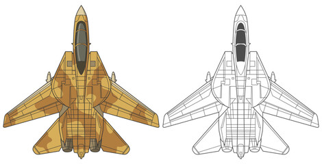 Set F-14 tomcat military aircraft design in line art and colored style from top view. Vector illustrations colorful f14 fighter jet. Outline drawing combat aircraft. United states modern airplane.